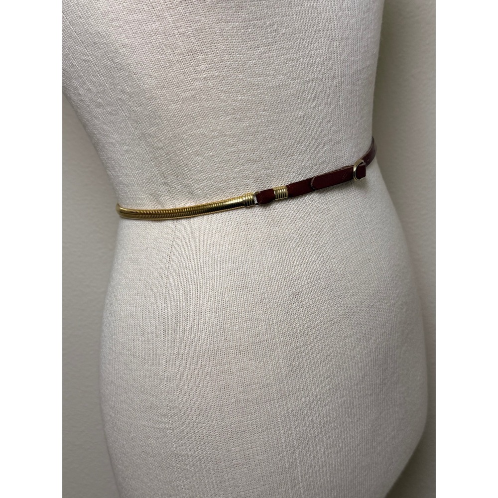 Vintage 1970's Gold Tone Snake Chain Belt Brown Leather Retro Skinny Metallic